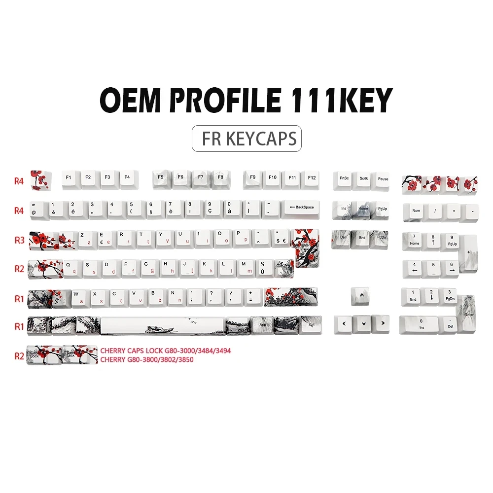 Farbstoffsublimation Pflaumenblüte OEM Profil Tastenkappe ES FR FI DE Tastenkappen für MX Switch mechanische Gaming-Tastatur ISO AZERTY Tastenkappe Image