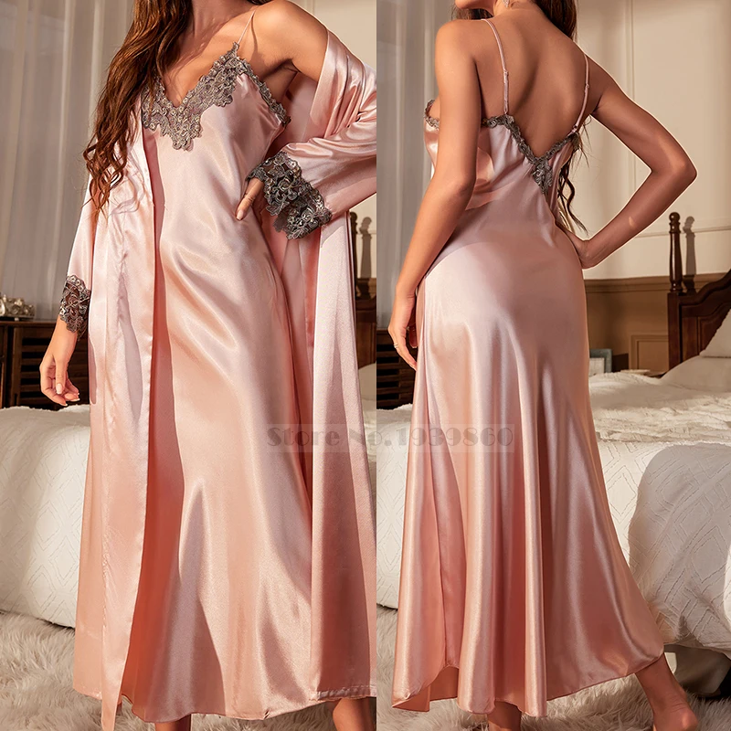 Weibliche Lange Twinset Robe Set Nachthemd Frühling Sommer Kimono Bademantel Kleid Sexy Spitze Trim Nachthemd Satin Hause Tragen Loungewear Image