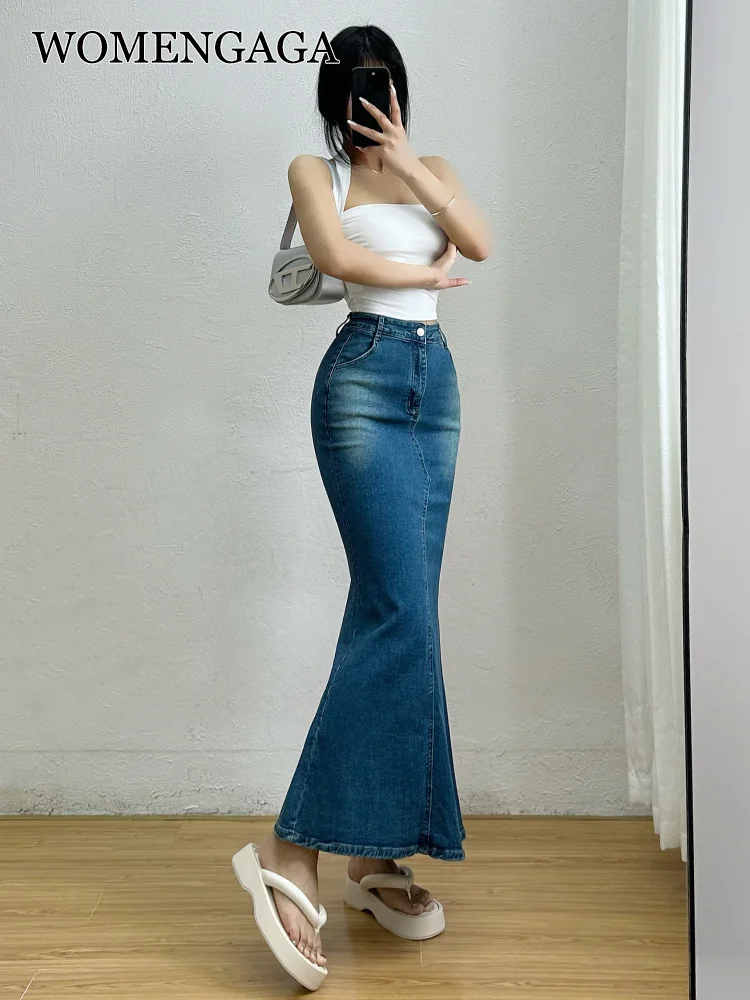 Women gaga würziges Mädchen gewaschen Denim Fischschwanz halben Rock Frauen Sommer hohe Taille schlanke geteilte schlanke Hüfte langen Rock Mode 2 q1k Image