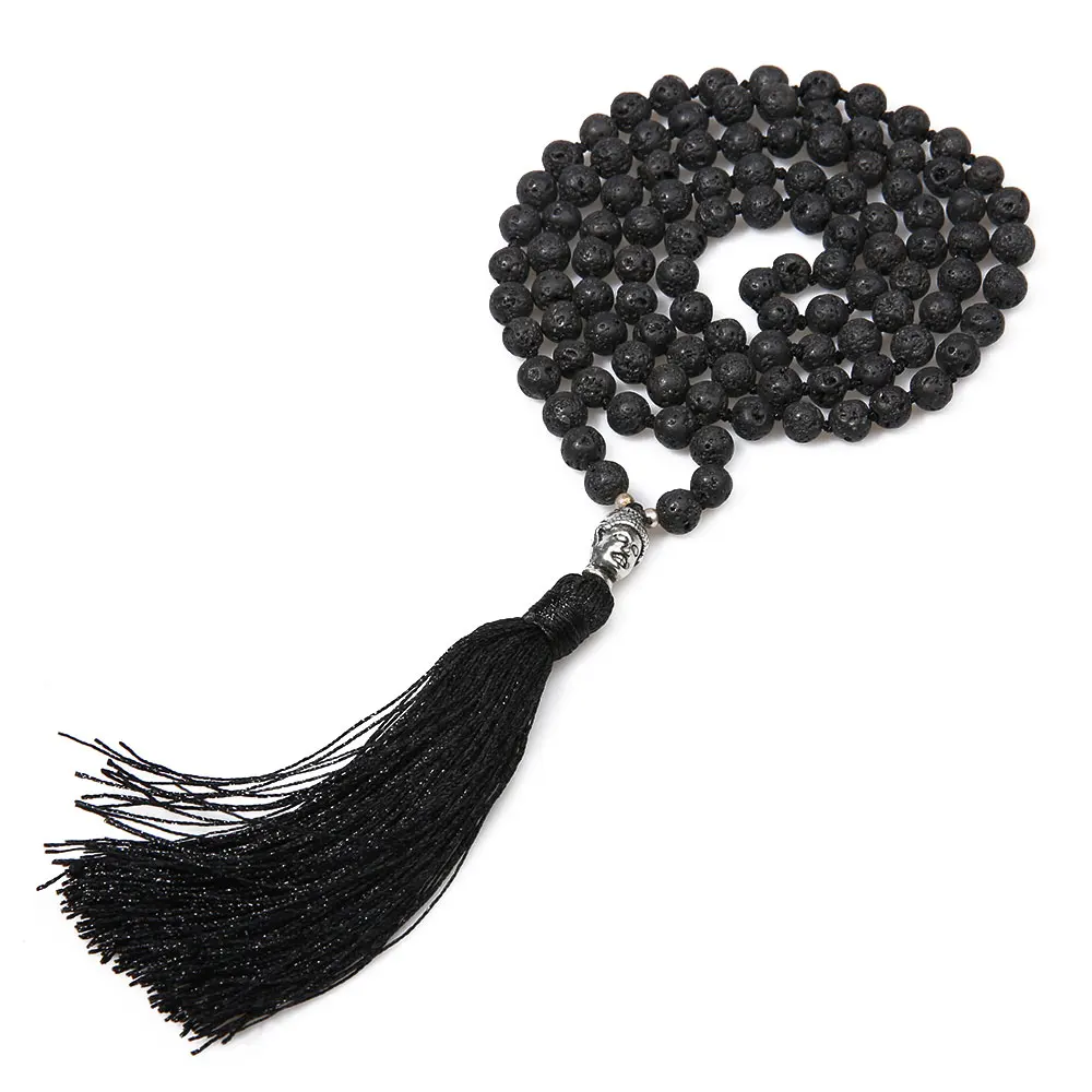 6 mm schwarzer Lavastein 108 Mala-Perlen Halskette Buddha-Anhänger Schmuck für Männer und Frauen Image