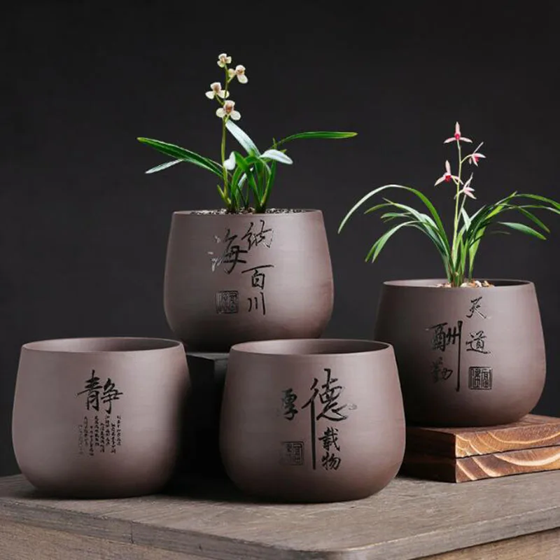 Lila Ton Blumentopf Orchidee Pflanzen behälter Bonsai Vase Blumentopf mit einem Loch Hausgarten Dekor im chinesischen Stil Image