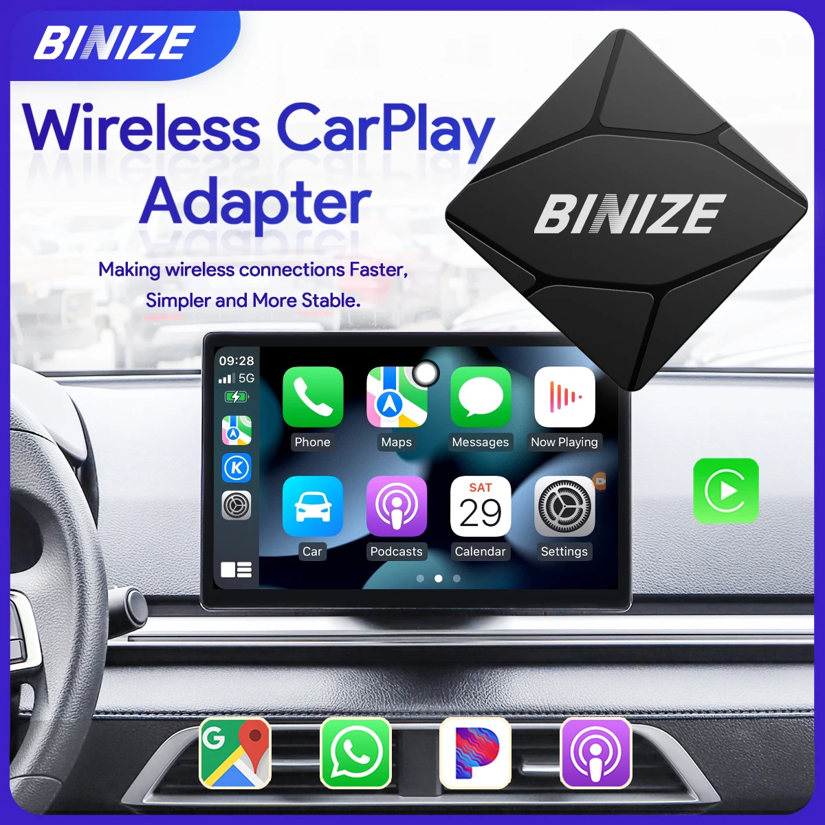 Binize Wireless Carplay Adapter verkabelt zu Wireless Carplay Dongle USB für Auto mit OEM Wired Carplay für VW Kia Skoda Volvo Image