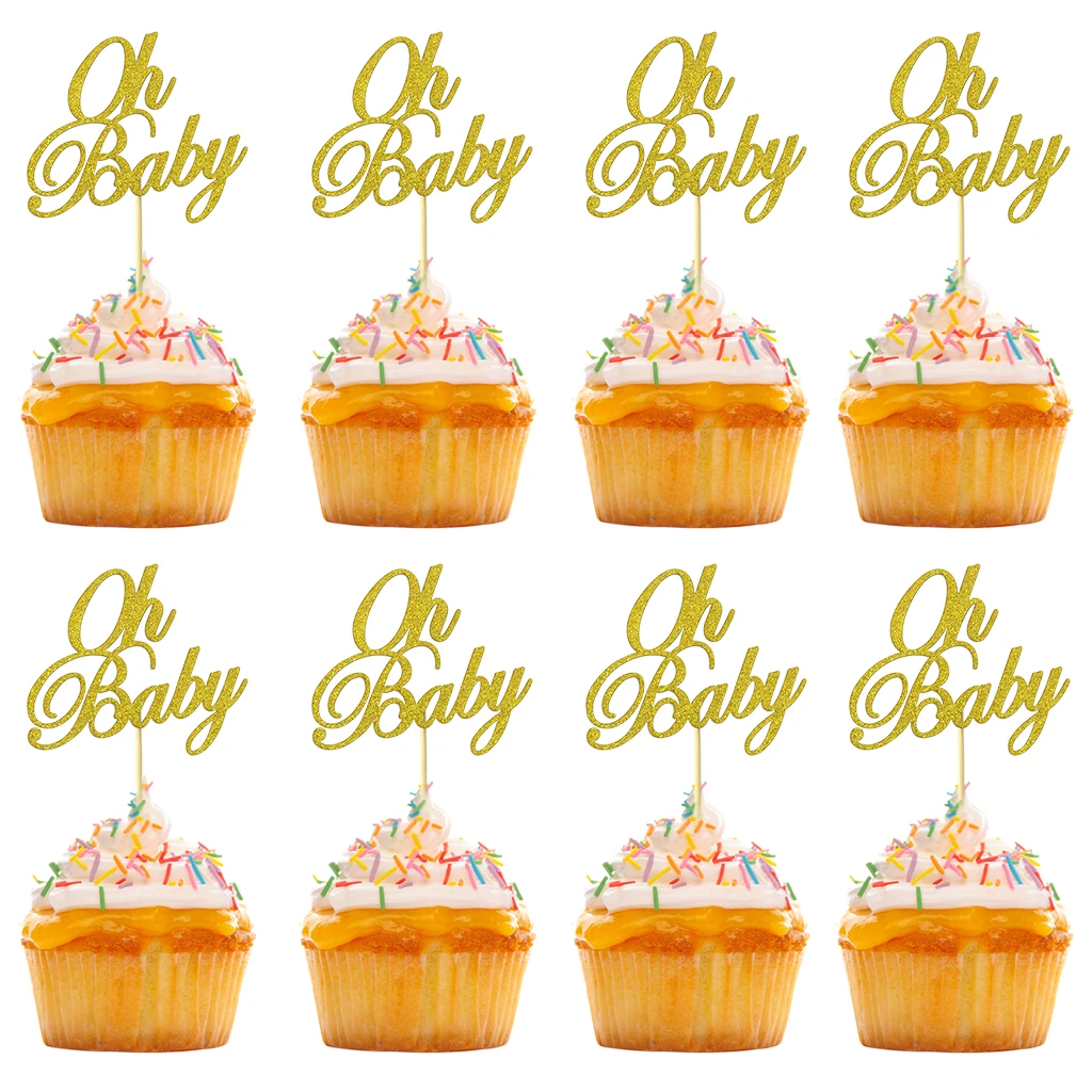 18 stücke oh Baby Cake Topper Glitzer Gold alles Gute zum Geburtstag Cupcake Topper für Baby party Geschlecht offenbaren Party Kuchen Dessert Deko-Tool
