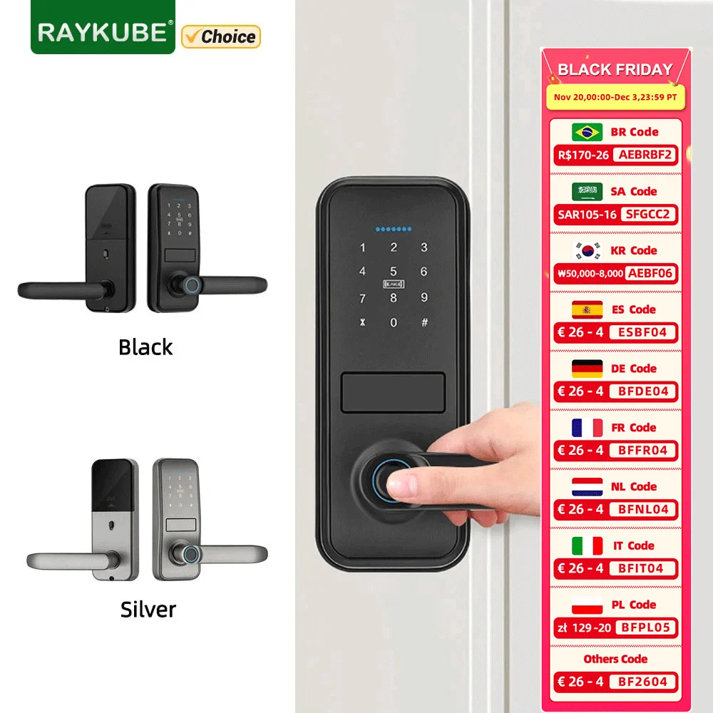 RAYKUBE P13 Tuya BLE Intelligentes biometrisches Fingerabdruck-Türschloss, elektronisches Türschloss, Tuya-App-Set, Fingerabdruck/Passwort/Kartentriegelung