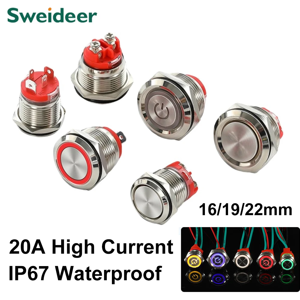 16/19/22mm 20A Hochstrom Metall Druckschalter IP67 Wasserdichte LED-Licht Momentary Rast Auto Motor Netzschalter Rot Image