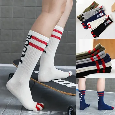 1 Paar Baumwoll-Herren-Fünf-Finger-Socken, 100 % Baumwolle, gestreift, Buchstaben-Split-Toe-Socken, kurze Socken für Herren und Damen, Outdoor-Sport