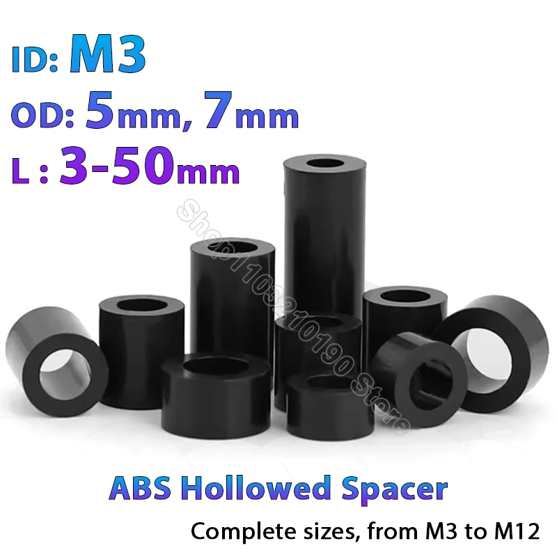 30–500 Stück M3 schwarzes ABS ohne Gewinde, hohler Nylon-Abstandshalter, runde Abstandshalter-Unterlegscheibe, Leiterplatten-Schraubsäule, Außendurchmesser 5 mm, 7 mm, L = 3–50 mm Image