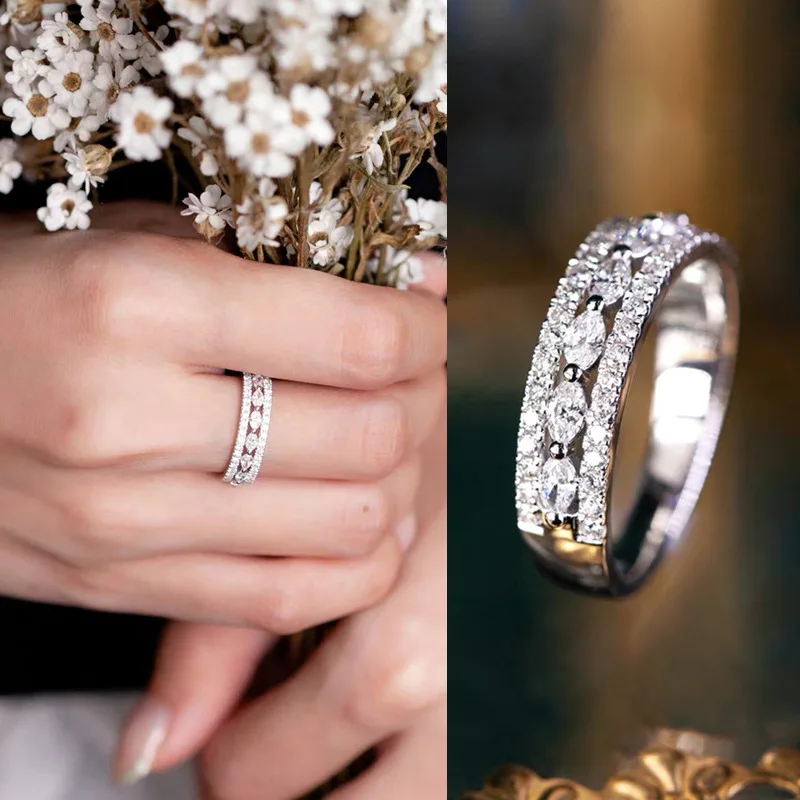 Huitan Dezent descriptives, ausgefallenes Design, Damen-Eheringe mit eingelegtem, rundem/marquiseförmigem CZ, modische Damen-Accessoires, Jubiläumsgeschenk Image