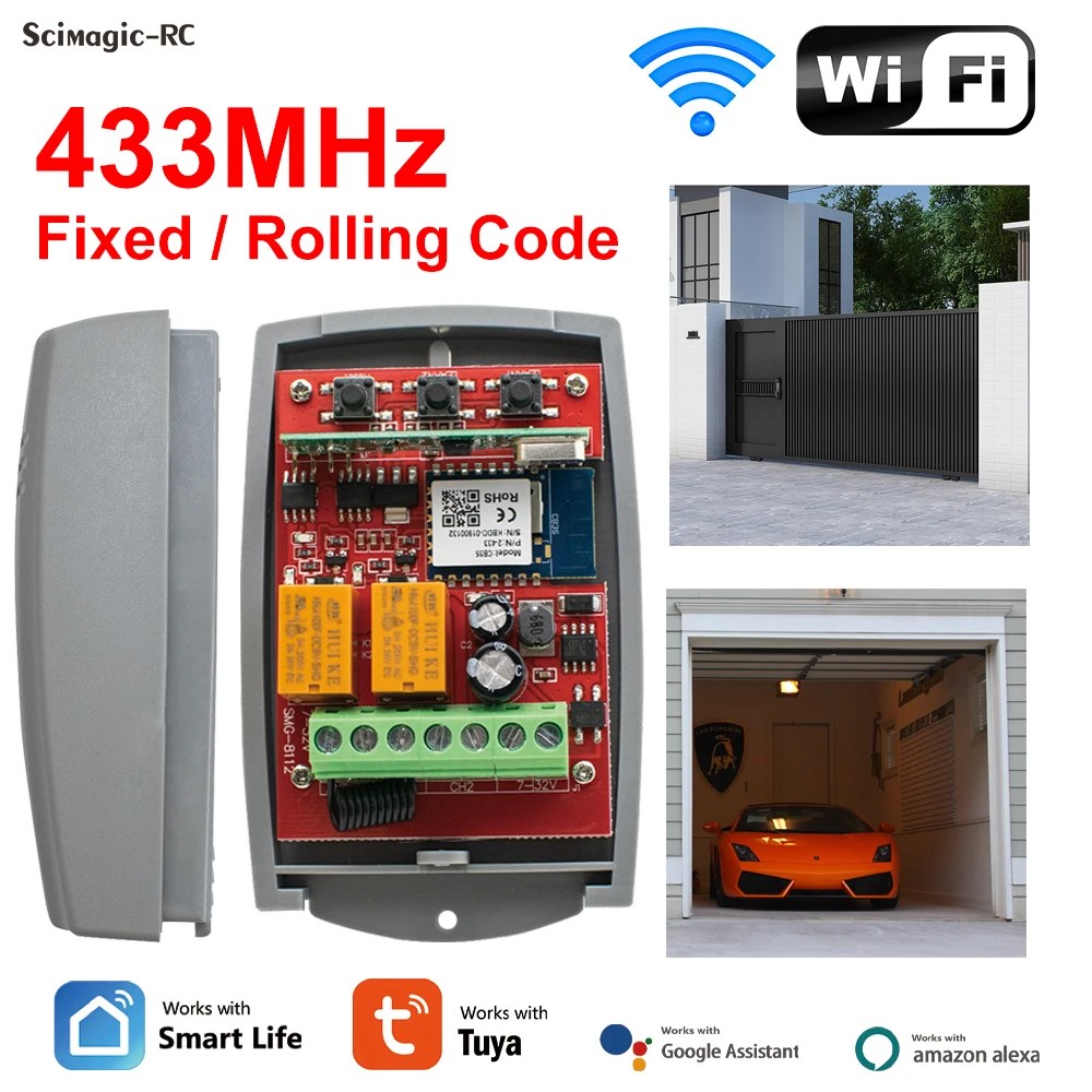 Tuya WIFI Garagentor-Controller 433,92 MHz Empfänger 12 V 24 V 1110 V 220 V Universal-Tor-Fernschalter Fester Rolling-Code 433 MHz Image