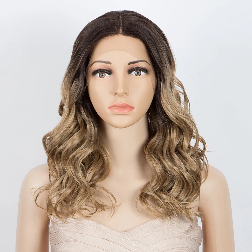 Synthetische Lace-Front-Perücken für Frauen, mittlerer Teil, gewellt, gewellt, 50,8 cm, Perücken, Ombre-Braun, gemischtes Highlight, Cosplay-Perücken Image