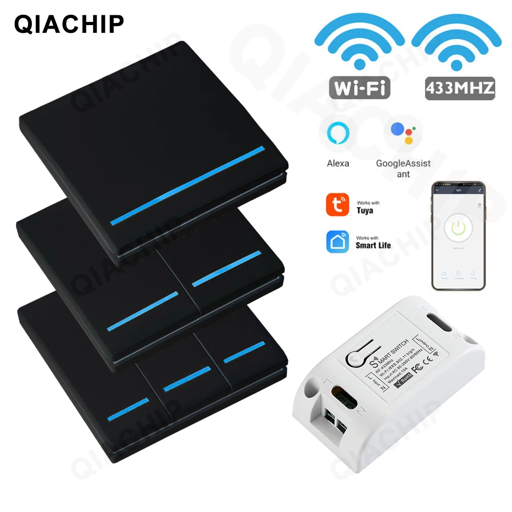 QIACHIP Tuya Smart Leben APP WiFi Touch Schalter Licht RF 433Mhz Wand Panel DIY Relais Modul Timer Alexa Buchse lampe 110-220V Image