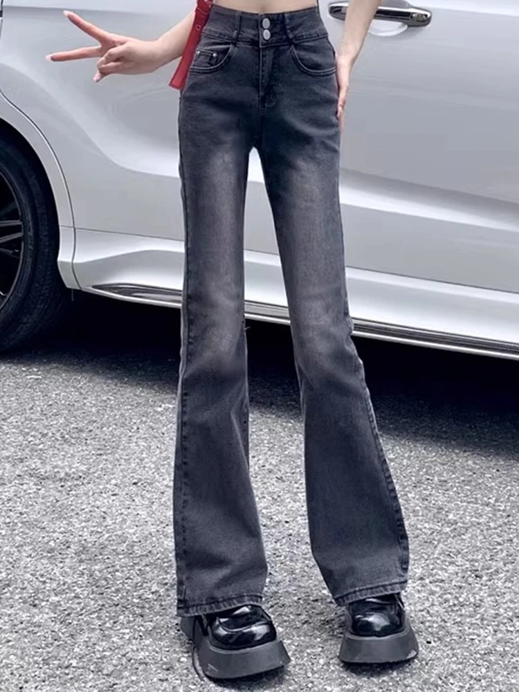 Weibliche Streetwear Bell Bottom Jeans mit hoher Taille Frauen Vintage Denim Flare Hosen Mädchen Gothic Y2k grau Boot Cut Hose plus Größe