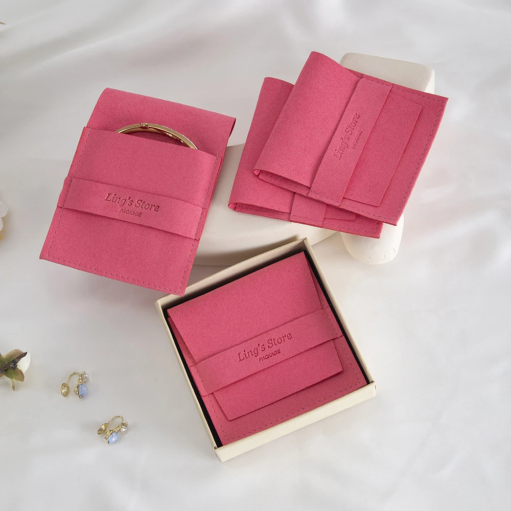50/100 Stück schicke individuelle Logo-Schmuck-Mikrofaser-Streifentasche, rosa, beige, rosa Umschlag, Samt, Ring, Ohrring, Anhänger, Halskette, Ohrstecker Image