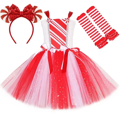 Mädchen Weihnachten Zuckerstange Tutu Kleid Outfits Rot Weiß Glitzernd Frau Weihnachtsmann Kostüm Image