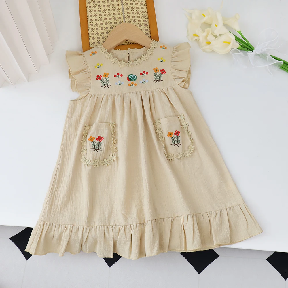 Baby Mädchen Sommer Blume besticktes Kleid Sommer Retro fliegende Ärmel Kleider mit Taschen Kinder Freizeit kleidung Mode Image