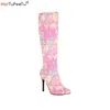 Flock Rosa Kniehohe Stiefel Frauen Herbst Winter 2025, Sexy Club Stiletto Handgemalte Farbe Klumpen Reißverschluss Weibliche Plus Größe 48 Schuhe