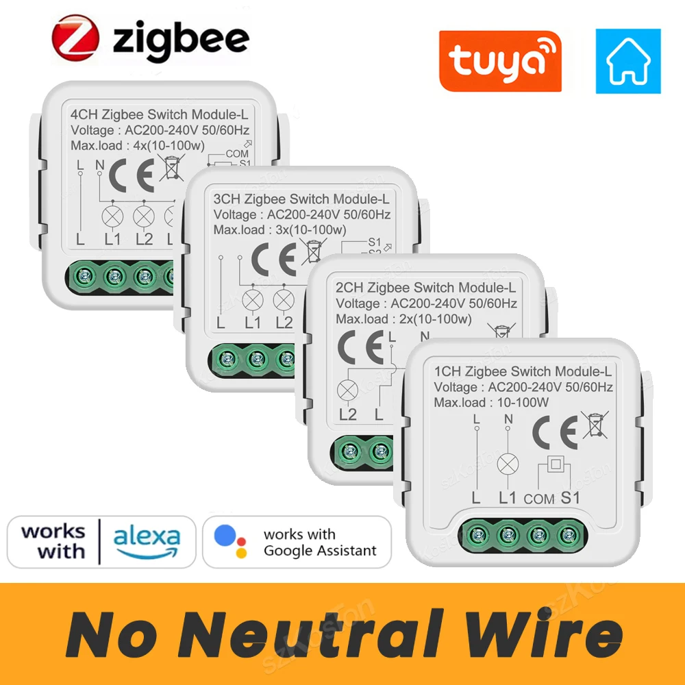 Kein neutralem Tuya ZigBee 3.0 Smart Switch-Modul, 1, 2, 3, 4-Gang-Draht erforderlich, Smart Home DIY-Lichtschalter, funktioniert mit Alexa Google Image