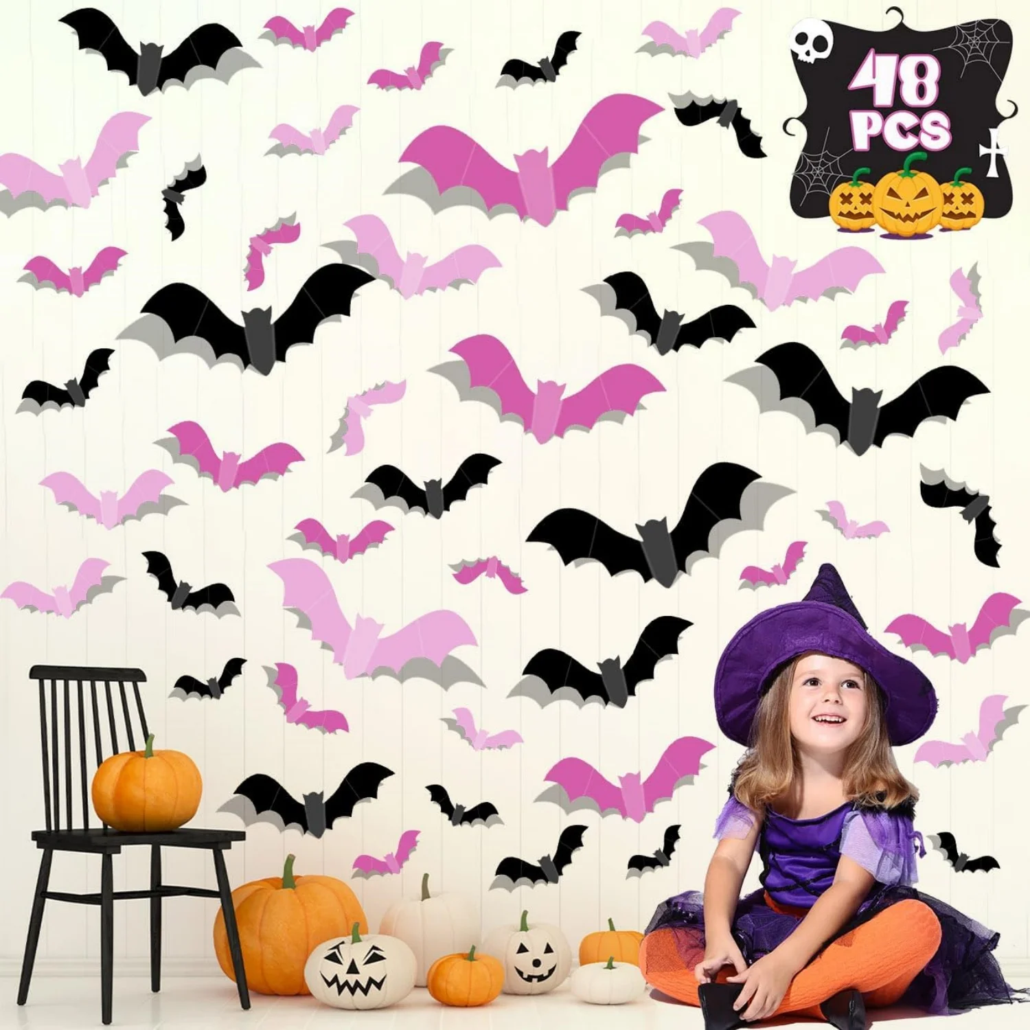 48 stücke rosa Halloween-Dekor drei Farben Fledermaus Dekor Halloween DIY Wand dekoration für Badezimmer Innen niedlichen Halloween Party Dekorationen Image