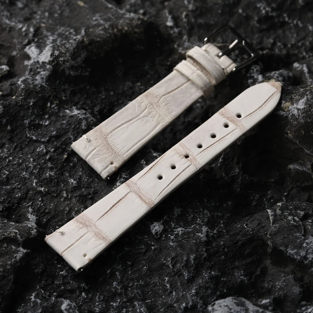 Handgefertigtes Krokodilarmband aus beigem Leder, Schnellverschluss, 20 mm x 16 mm, 19 mm, 18 mm, Vintage-Stil, weich, Herren-S/M-Länge