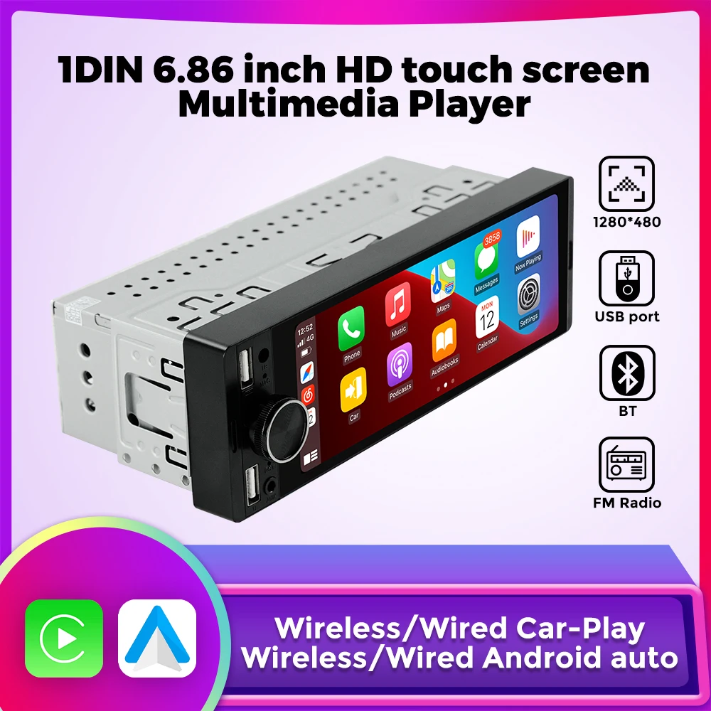 1DIN Universal MP5 6,86-Zoll Autoradio Touchscreen Multimedia Video Spieler Unterstützung Drahtloses Carplay Android AUTO AUX USB SWC BT Image
