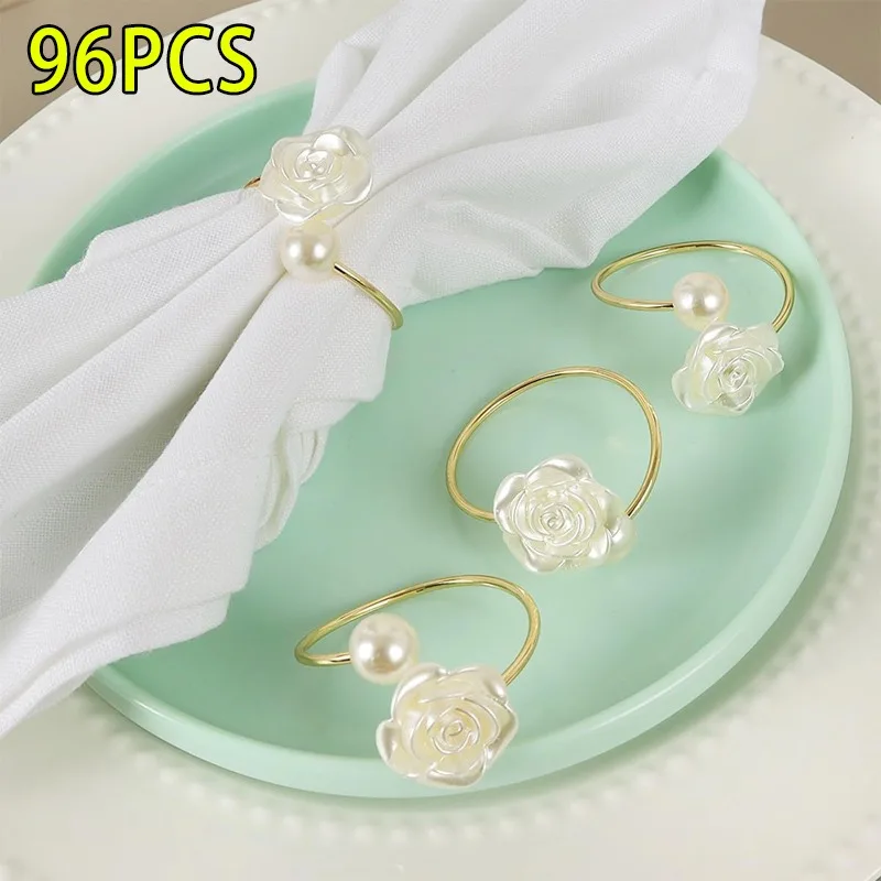 Rose Serviettenringe, weiße Perle, Blumen-Serviettenhalter-Set für Abendessen, Hochzeit, Bankett, Valentinstag, Party, Restaurant, Tischdekoration Image