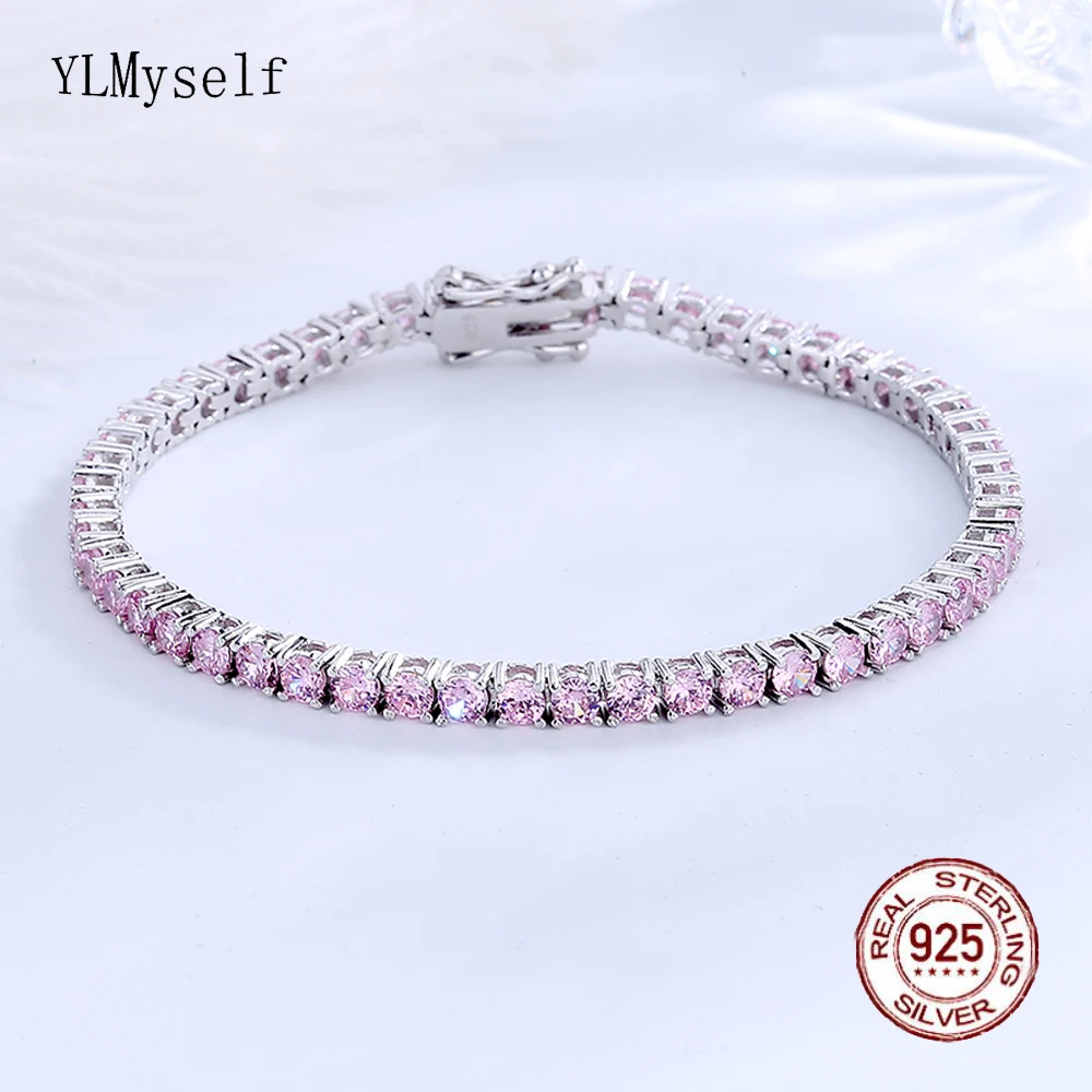 Echtes massives 925er-Silber-Metall-Tennisarmband, 15–21 cm, Pave Full 3 mm, rund, rosa Zirkon, süßer feiner Schmuck für Frauen Image