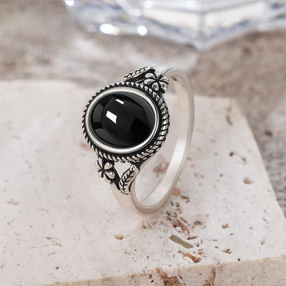 Vintage 925 Sterling Silber natürlicher schwarzer Onyx 8 * 10 mm Ring blumenförmiger Tigerauge-Ring edler Schmuck Fingerring für Frauen Image