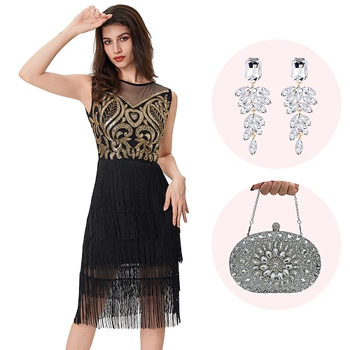 Goldene Zwanziger 1920er Knielang Flapper Kleid Outfits Ärmellos Der große Gatsby Hochzeitsgast Pailletten Quastenfransen Rundausschnitt Kostüm Damen Weihnachten Karneval Maskerade Abendgesellschaft Image