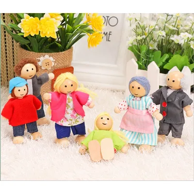 Happy doll family miniature people set toy wooden jointed dolls children muppet pretend toys