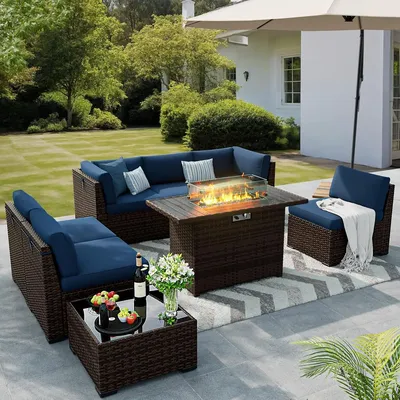 8pcs Outdoor Patio Furniture Set w/44" Fire Pit Table,Rattan Sectional Conversation Sets w/Gas Fire