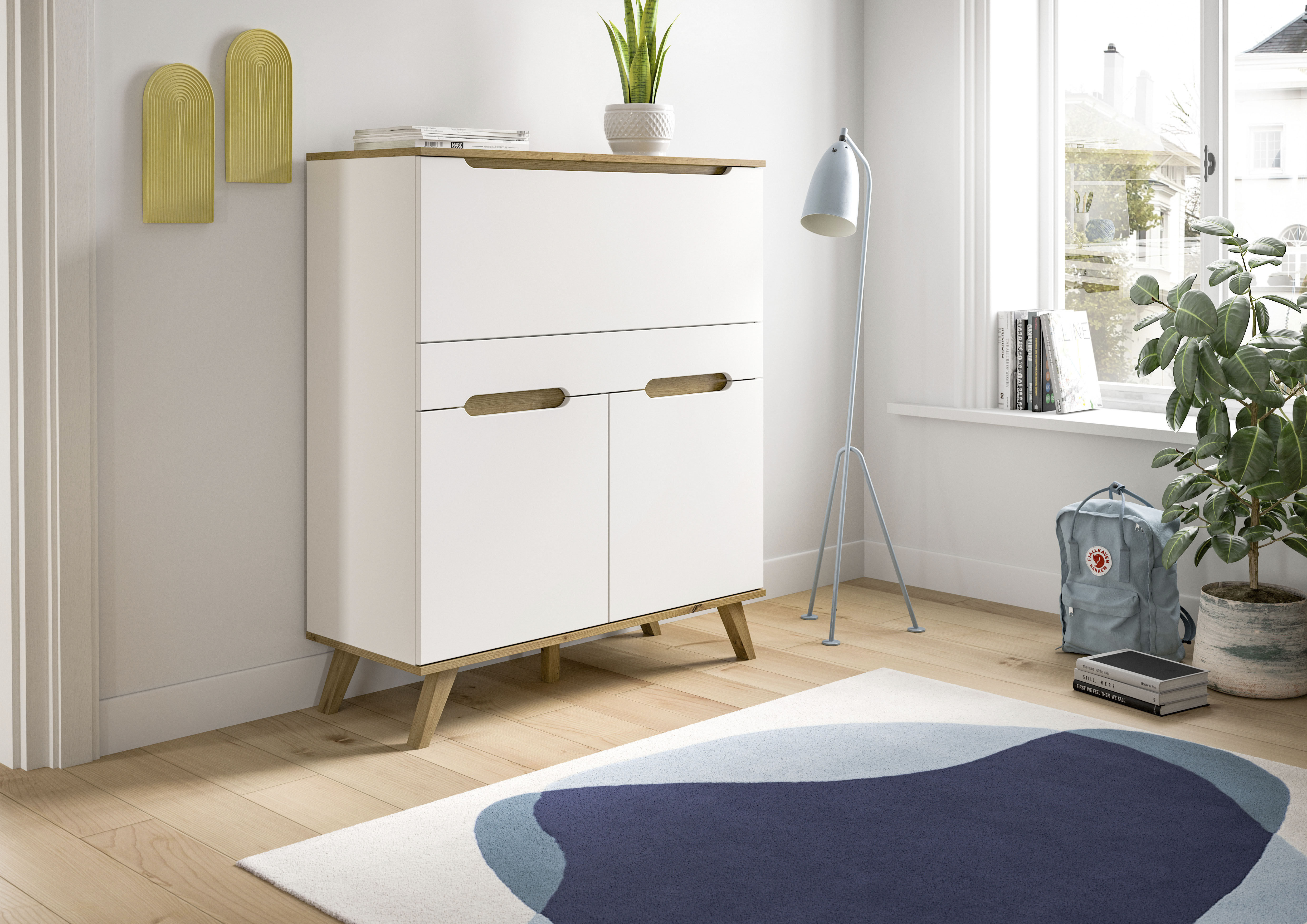 Sekretär HOME AFFAIRE "Alesund, Höhe 118cm, 2 Türen, 1 Schubkasten,konischer Fuß, Scandi-Look", weiß (weiß, absetzung nox oak nachbildung), B:100cm H:118cm T:40cm, Sekretäre, Sekretär, Anrichte, Schrank, Kommode, Midischrank, Wohnmöbel, Wohnzimmer