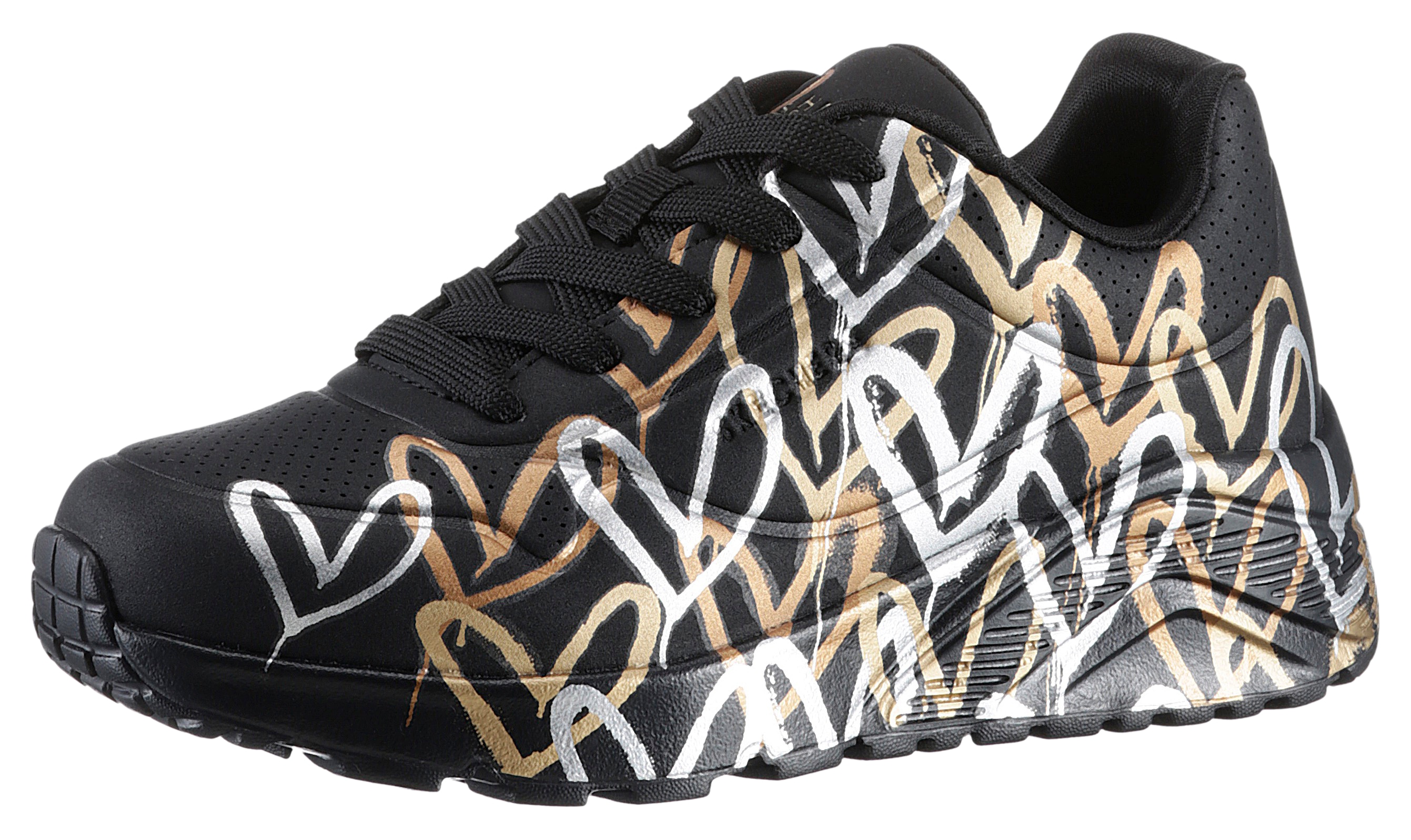 Plateausneaker SKECHERS "Skechers x JGoldcrown: Uno Lite - Metallic Love", Kinder, Gr. 38, schwarz (schwarz kombiniert), Lederimitat, Glitzer, metallic, Schuhe, Schnürschuh, Keilsneaker mit Herzchen im Metallic Look bedruckt Image