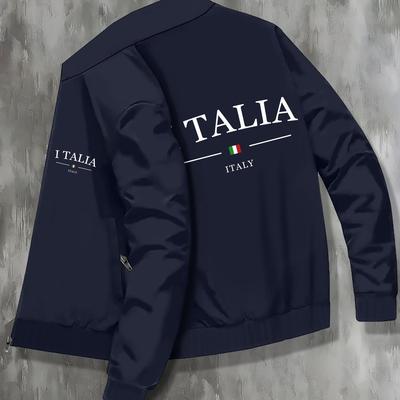 TEMU Men's Italia Print Lightweight Jacket - Casual College Style, Black With Zip-up Closure, Stretchy Polyester , Machine Washable - Ideal For Spring & Fall Image