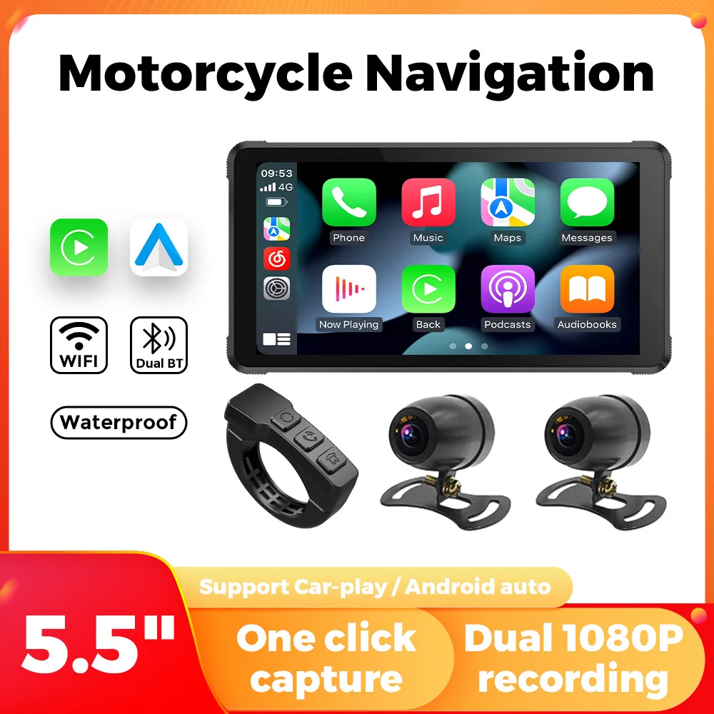 5,5 Zoll Carplay Android Auto Gerät | Carpuride für Motorräder ipx7 wasserdicht Moto One Click Capture dual Aufnahme karten BT DVR Image