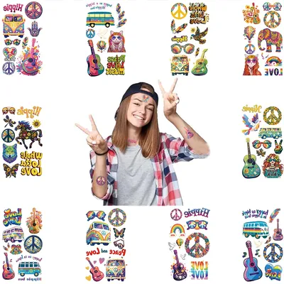 10 Stück Hippie Frieden und Liebe wasserdichte Tattoos Set Regenbogen Gesicht Aufkleber Körper Image