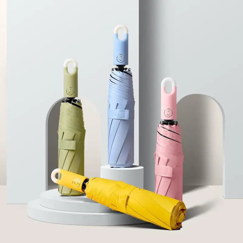 Dreifach gefalteter Kreis schirm mit selbst öffnender und schließender Regenschirm mit Schloss schnalle schwarzer Kleber Anti-UV-Sonnenschirm Image