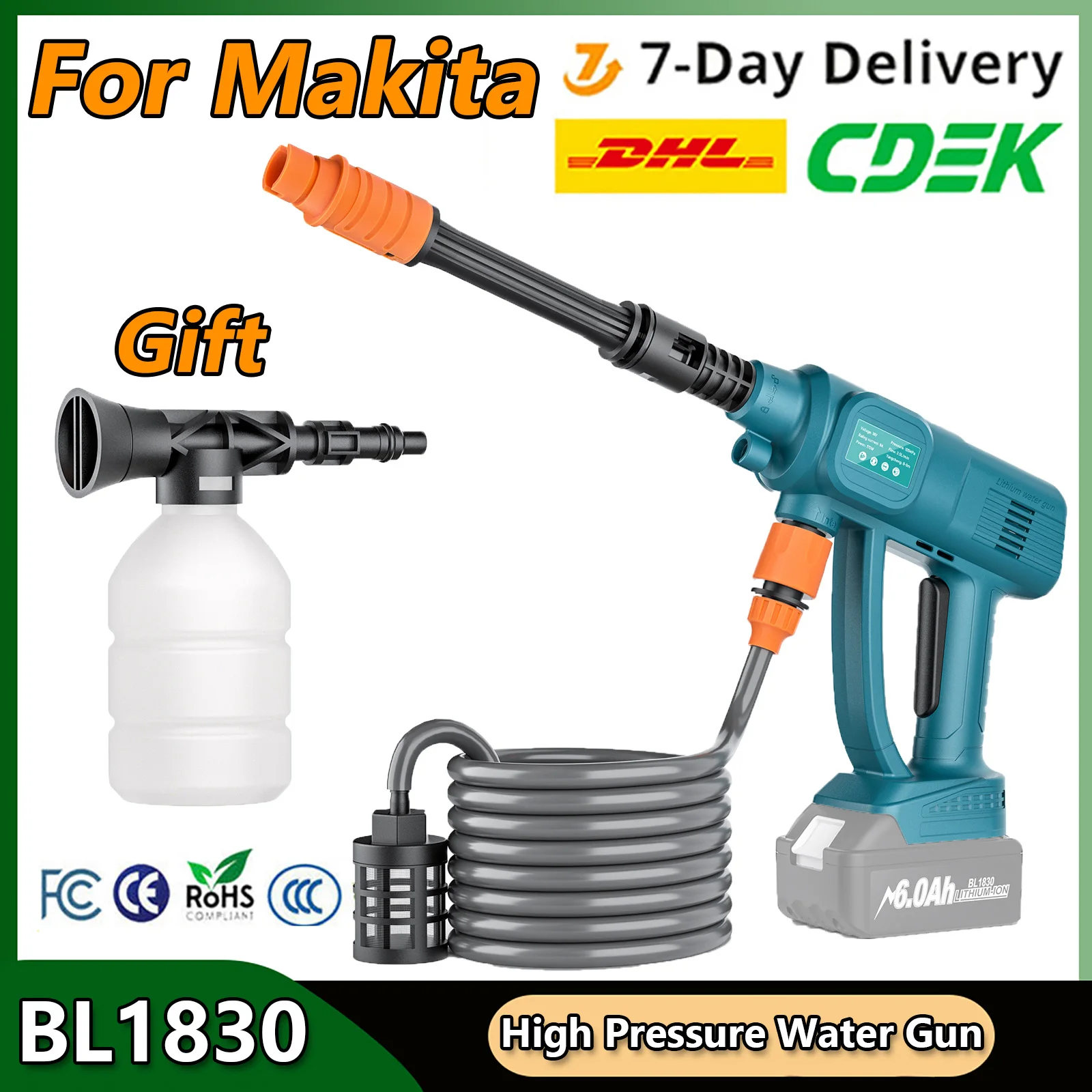 Turpow Hochdruck Auto Waschen Waschmaschine Pistole Lange Wasser Rohr Einstellbar Für Makita 18V Batterie Hochdruck Wasser Pistole Waschmaschine Image