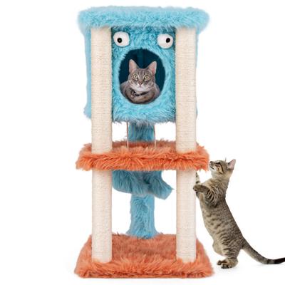 Costway Cute Monster-Themed Cat Tower with Private Condo and Soft Long Plush-Blue