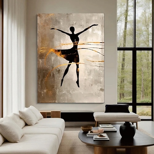großes Ölgemälde mit Figur, handgemachte Wandkunst, abstraktes Gemälde, Mädchen tanzendes Gemälde auf Leinwand, Wabi-Sabi-Wandkunst, minimalistische Kunst, schwarz-graue Kunst, Gemälde, Raumdekor Image