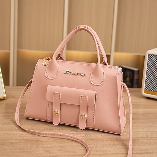 Weiße Damenhandtasche aus Kunstleder mit Tragegriff oben und Schnallendetail vorne – elegante, strukturierte Umhängetasche für Büro, Reisen und den täglichen Gebrauch