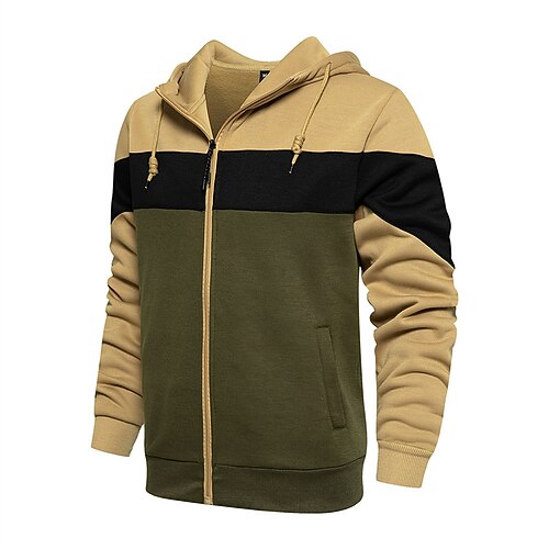 Herren Vollreißverschluss-Kapuzensweatshirt Reißverschluss Kapuzensweatshirt Weiß Rote Blau Khaki Mit Kapuze Farbblock Reißverschluss Patchwork Tasche Sport Outdoor Täglich Ferien Polyester Image