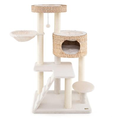 Costway Modern Cat Tree for Indoor Cats with Cattail Fluff Condo and Top Perch-Natural