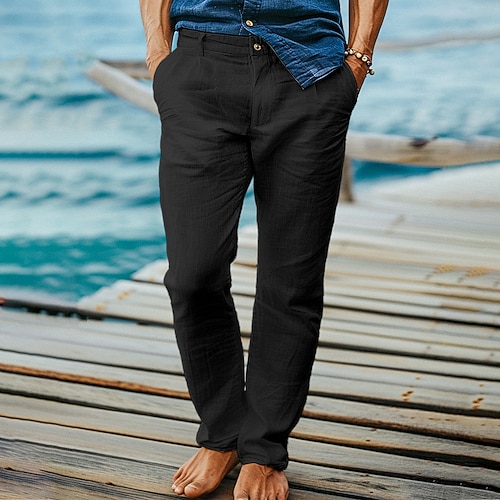 Herren Leinenhosen Hose Anzughose Sommerhose Strandhose Fronttasche Gerader Schnitt Einfach Komfort Atmungsaktiv Volle Länge Formell Geschäft Ferien Mode Basic Schwarz Weiß Unelastisch Image