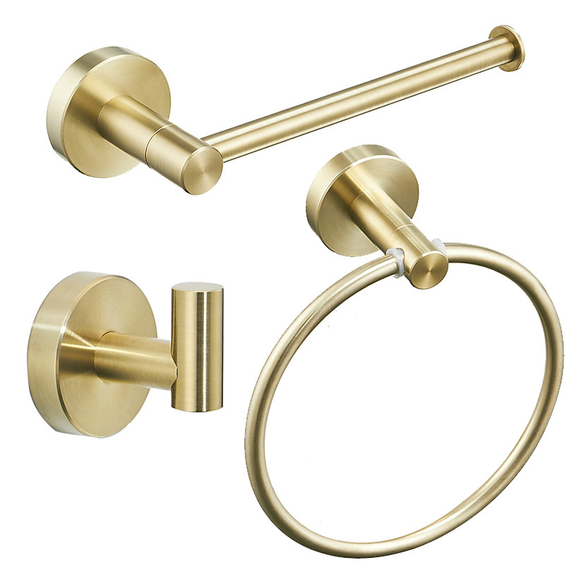 Brushed Brass Towel holder Bathroom Accessory Set Include Towel Bar Robe Hook and Towel Ring New Design Modern Stainless Steel Material Wall Mounted Golden 3pcs