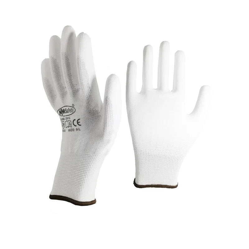 24 Pezzi/12 Paia Guanti da lavoro di sicurezza Guanti di cotone in nylon Pu bianco Guanti da lavoro protettivi industriali Fornitore di marca NMSafety