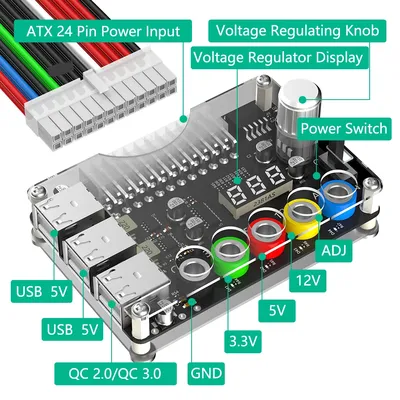 24Pin ATX 6 Port USB 2.0 Power Supply Breakout Board Power Module Adapter Connector Adjustable