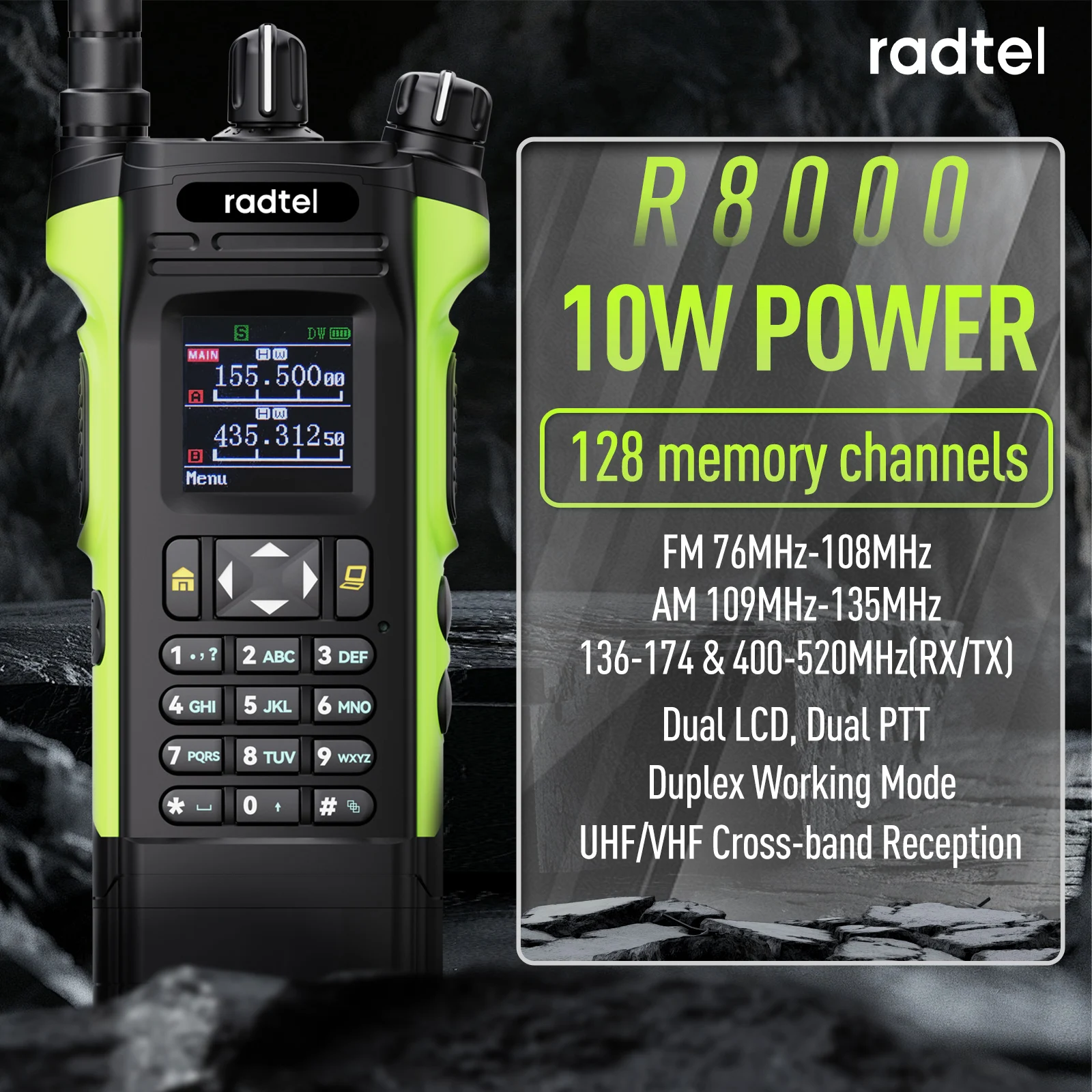 Radtel R8000 (APX-8000) 136–174/400–520 MHz Amateurfunk Dual-Display Air Band Walkie Talkie Tragbares Funkgerät mit großer Reichweite Image