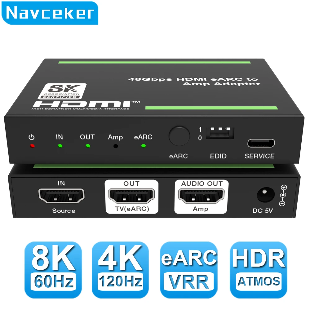 Navceke 4k 120hz hdmi 2,1 earc audio extraktor 48 gbps hdmi earc splitter 8k 60hz earc konverter für ps5 xbox x sonos sound bar Image