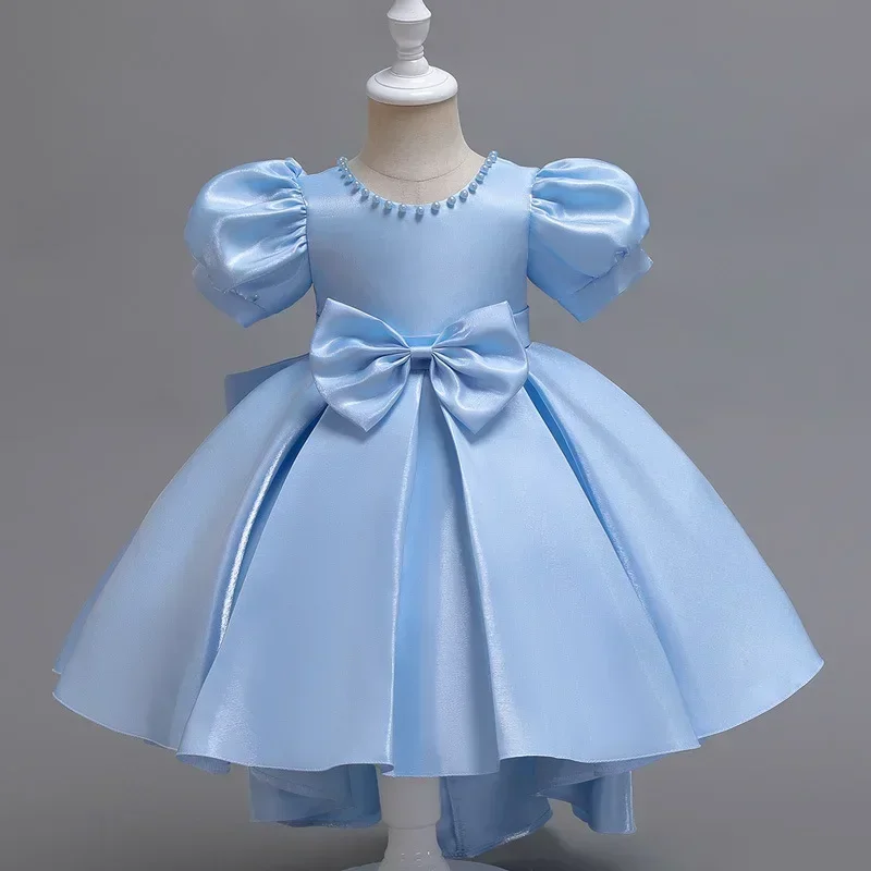 Mode Einfarbig Mädchen Abendkleid Kurzarm Bogen Kinder Kleider für Mädchen Sommer Mädchen Party Kleid 1-10 Jahre Image