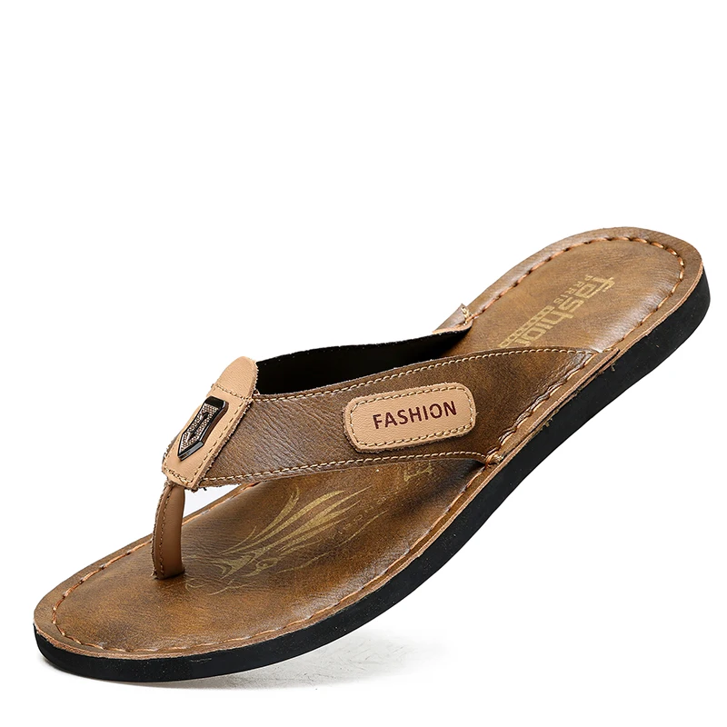 Herren Leder-Flip-Flops Sommer Mode Rutschfeste Strandpantoffeln Lässige Flache Sandalen für Männer Outdoor-Wanderschuhe Große Größen 48 49
